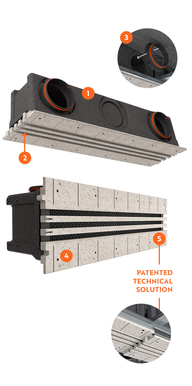 Continuous line of ERGOVENT LINEO PRO PUZZLE diffusers connected for a long, seamless ventilation slot.